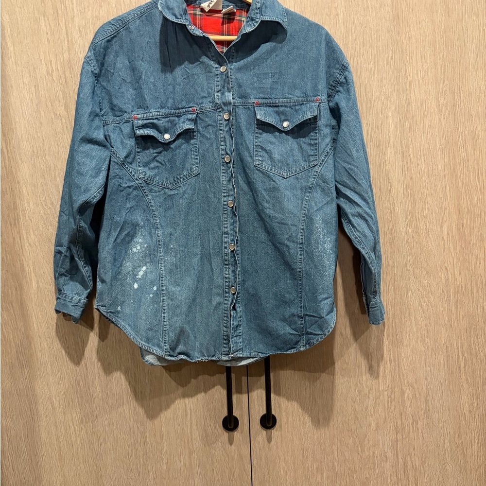 Upcycled Denim Shirt Jacket – Hand Bleached “WOKE” Art | Size M - Picture 2 of 4